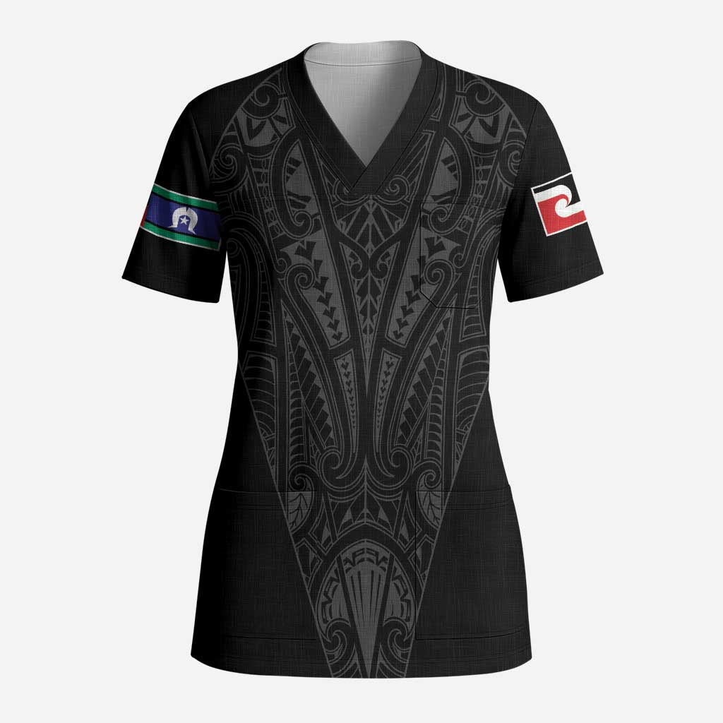 Queensland Maori Rugby Nga Hau e Wha Scrub Top Black Motif LT9 Adult Black - Polynesian Pride