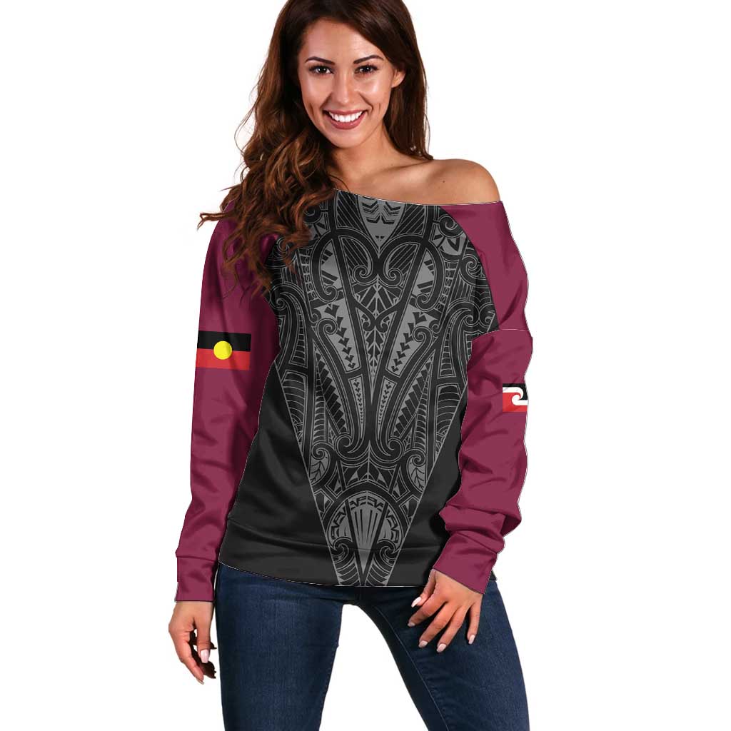 Queensland Maori Rugby Nga Hau e Wha Off Shoulder Sweater Maroon Motif LT9 Women Maroon - Polynesian Pride