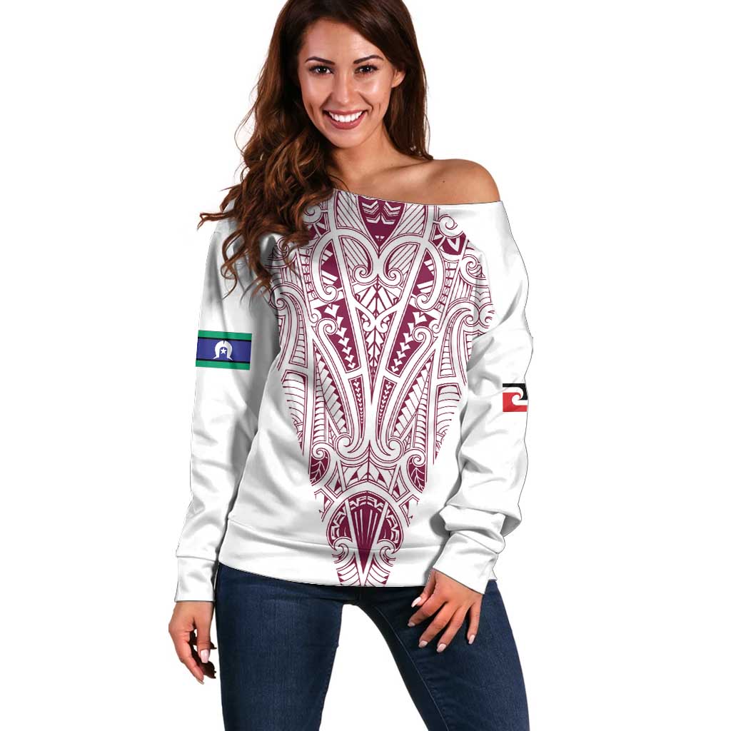 Queensland Maori Rugby Nga Hau e Wha Off Shoulder Sweater White Motif LT9 Women White - Polynesian Pride