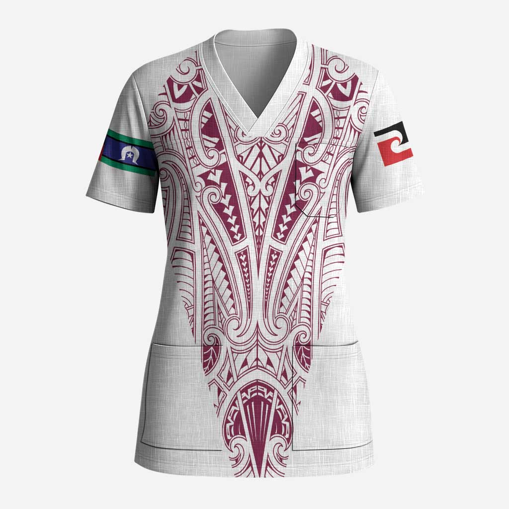 Queensland Maori Rugby Nga Hau e Wha Scrub Top White Motif LT9 Adult White - Polynesian Pride