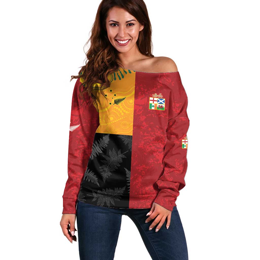 Custom British Lions-AUNZ Off Shoulder Sweater Australia-New Zealand Indigenous Motif LT9 Women Red - Polynesian Pride