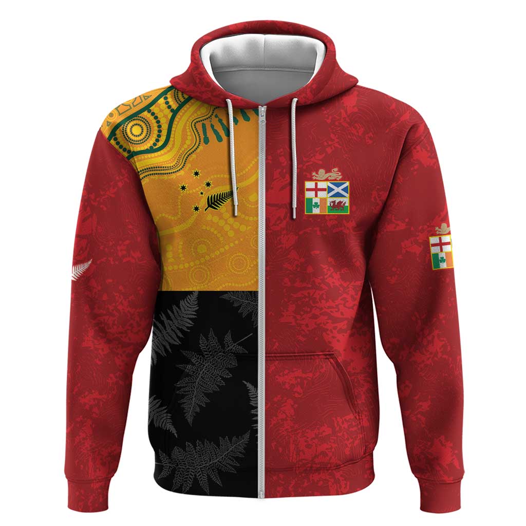 Custom British Lions-AUNZ Zip Hoodie Australia-New Zealand Indigenous Motif LT9 Zip Hoodie Red - Polynesian Pride