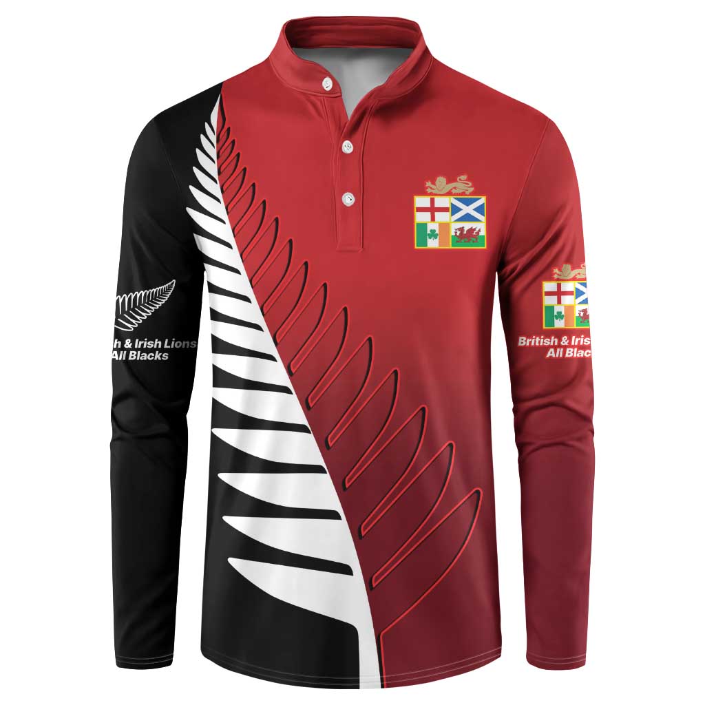 Custom British Lions New Zealand Button Sweatshirt Half Black Fern LT9 Red - Polynesian Pride