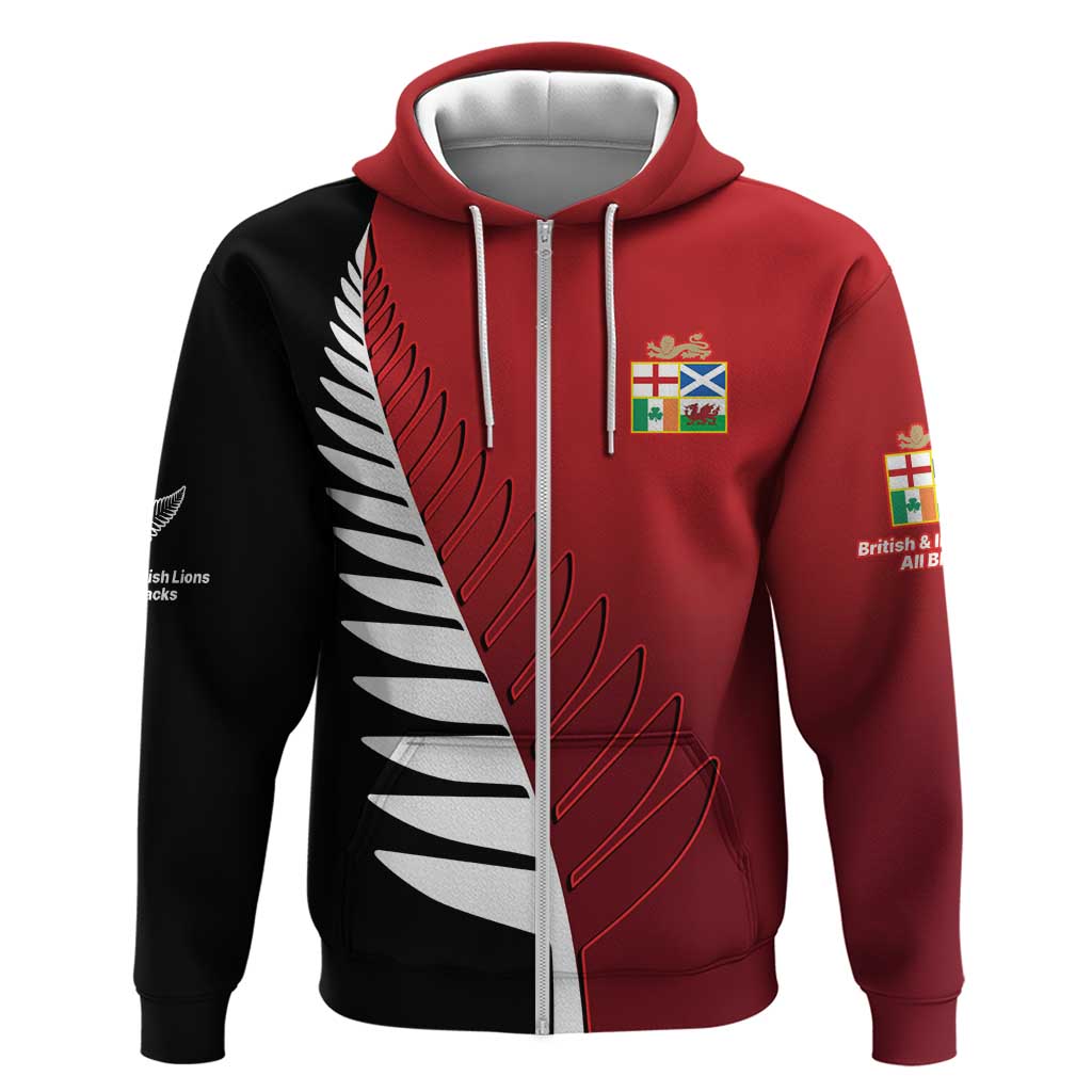 Custom British Lions New Zealand Hoodie Half Black Fern LT9 Zip Hoodie Red - Polynesian Pride