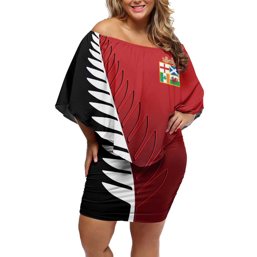 Custom British Lions New Zealand Off Shoulder Short Dress Half Black Fern LT9 Women Red - Polynesian Pride