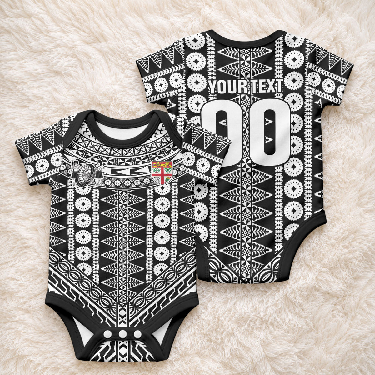 Fiji Custom Rugby National Heritage Baby Onesie Black Traditional Masi Inspired LT9 - Polynesian Pride