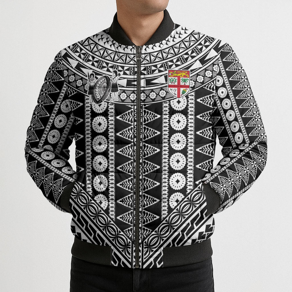 Fiji Custom Rugby National Heritage Bomber Puffer Jacket Black Traditional Masi Inspired LT9 - Polynesian Pride