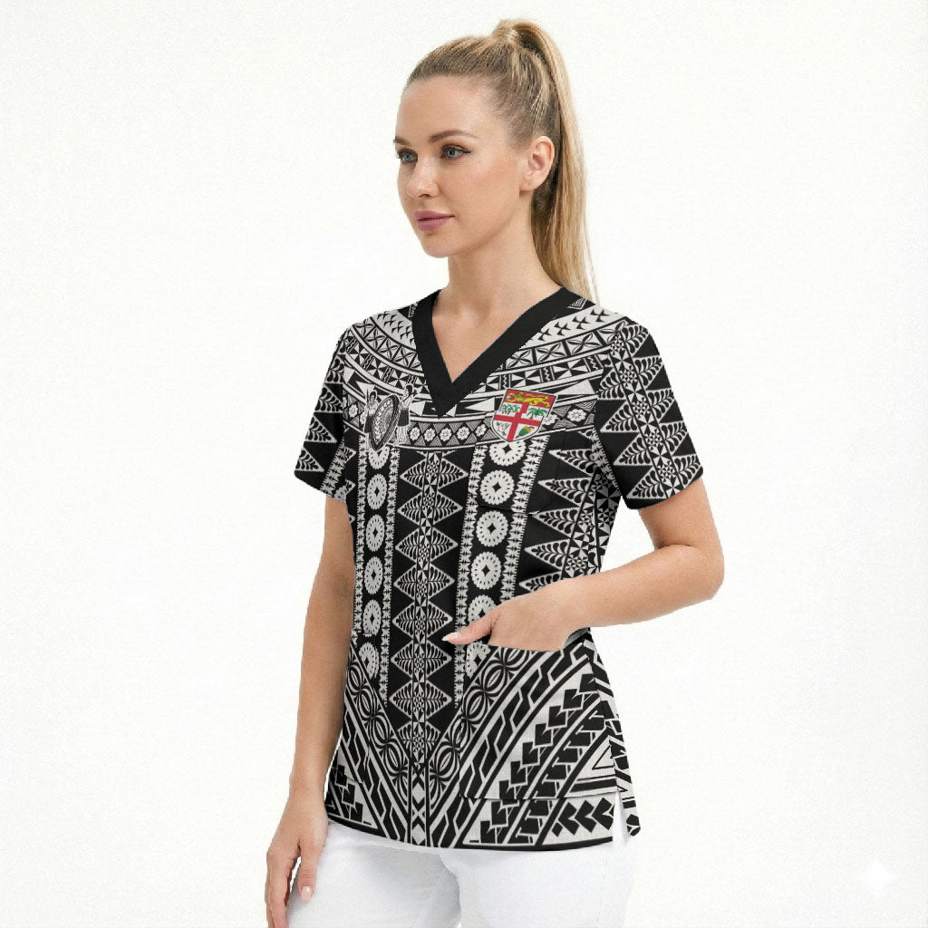 Fiji Custom Rugby National Heritage Scrub Top Black Traditional Masi Inspired LT9 - Polynesian Pride