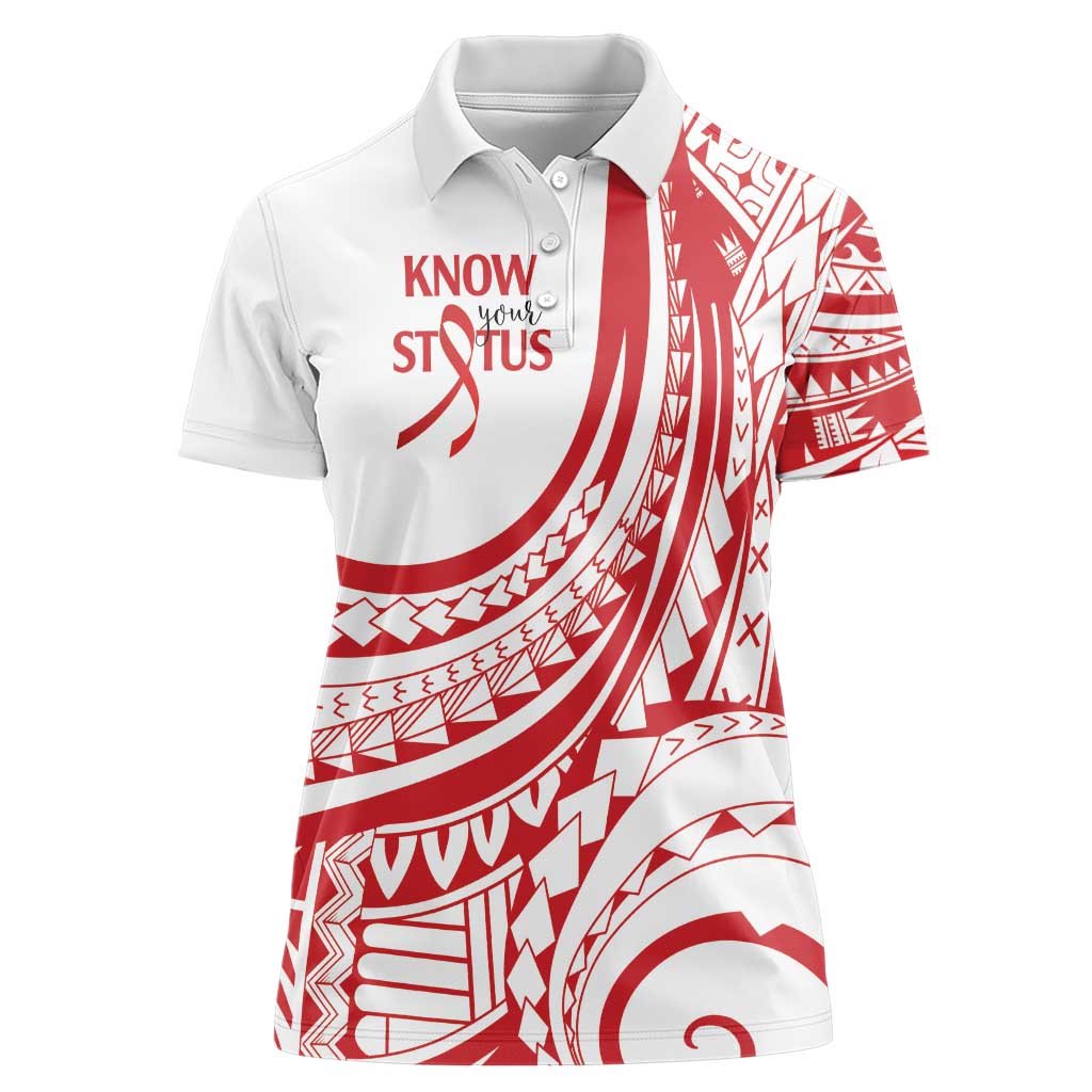 Know Your Status Red Ribbon Personalised Women Polo Shirt Polynesian AIDS Awareness LT9 Female Red - Polynesian Pride