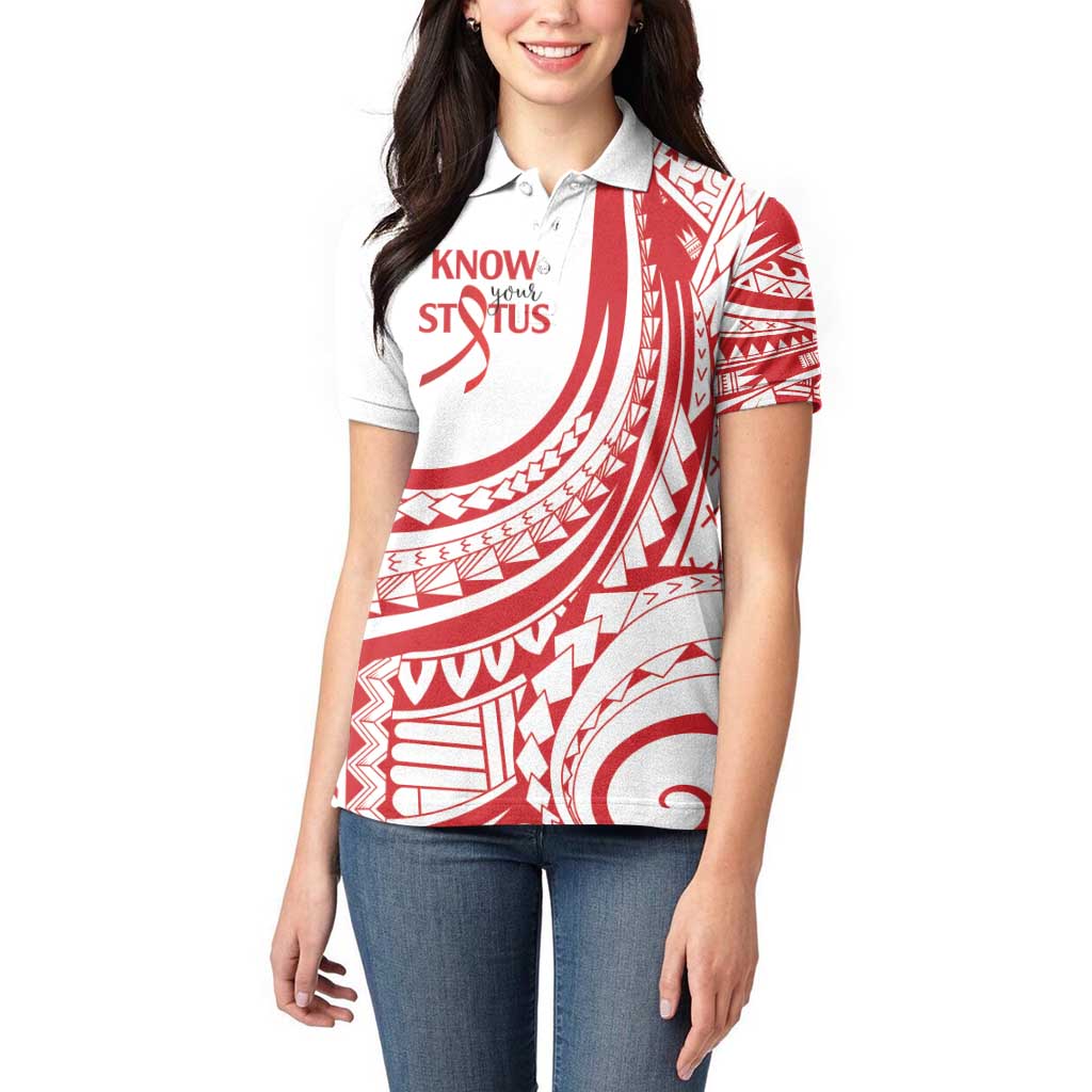 Know Your Status Red Ribbon Personalised Women Polo Shirt Polynesian AIDS Awareness LT9 - Polynesian Pride