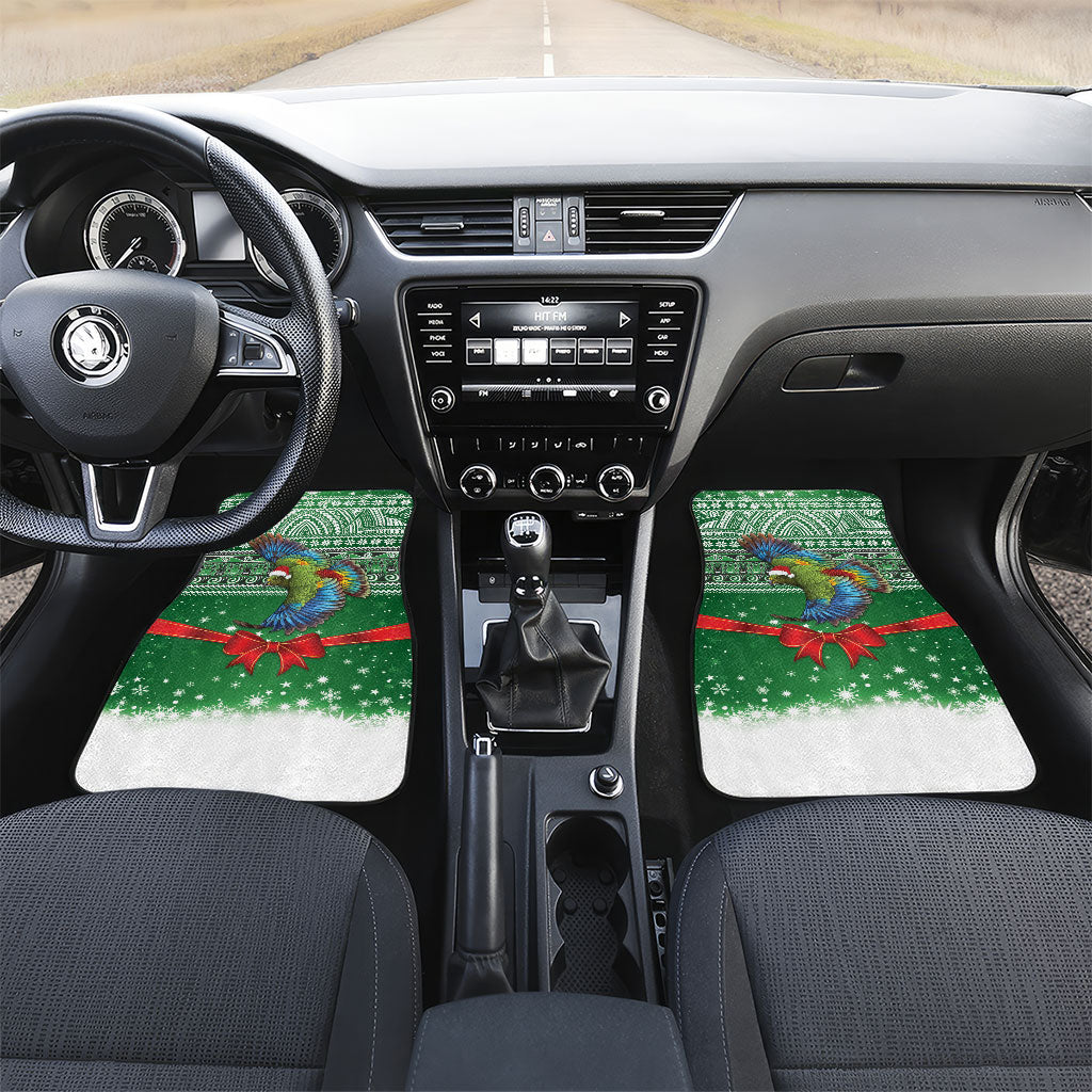 New Zealand Kea Bird Christmas Car Mats Maori Inspired Knitted Patterns LT9 Set 2pcs - Front Green - Polynesian Pride