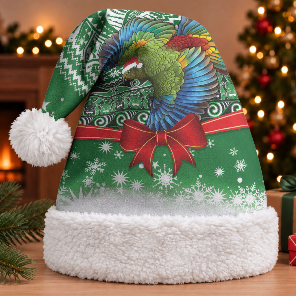 New Zealand Kea Bird Christmas Santa Hat Maori Inspired Knitted Patterns LT9 With Fur Green - Polynesian Pride