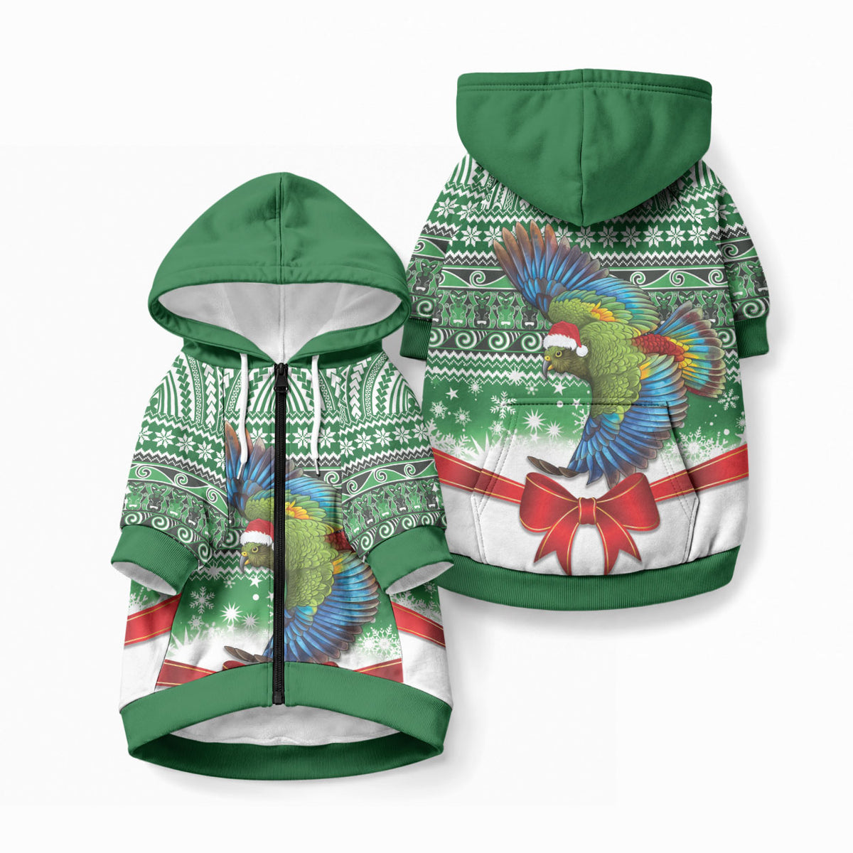 New Zealand Kea Bird Christmas Pet Hoodie Maori Inspired Knitted Patterns LT9 Zip-up Green - Polynesian Pride