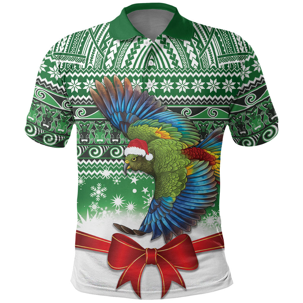 New Zealand Kea Bird Christmas Polo Shirt Maori Inspired Knitted Patterns LT9 Green - Polynesian Pride