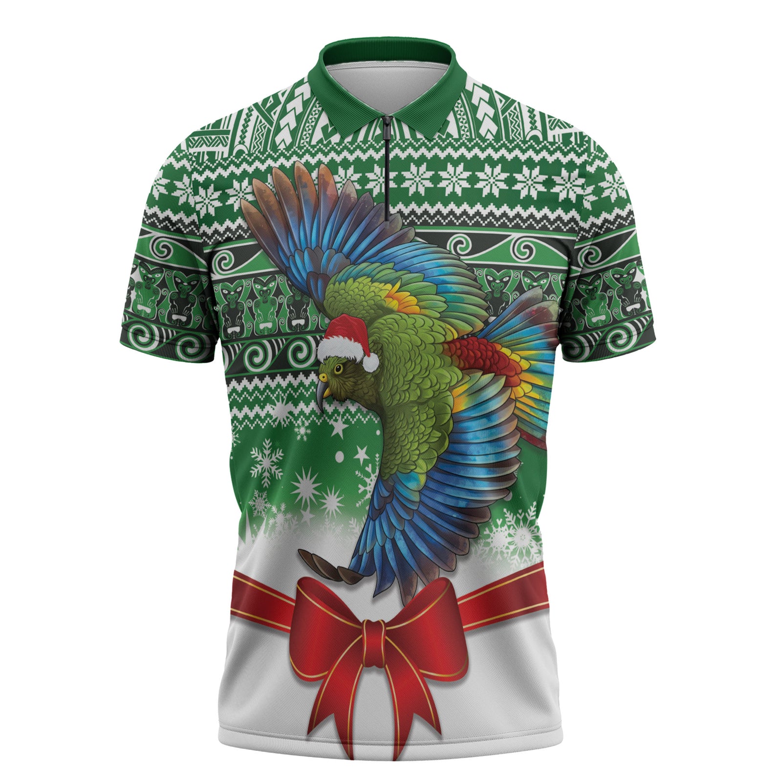 New Zealand Kea Bird Christmas Zipper Polo Shirt Maori Inspired Knitted Patterns LT9 Green - Polynesian Pride