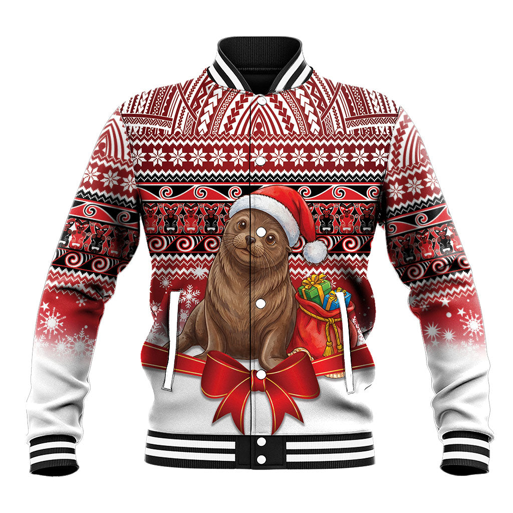 New Zealand Kekeno Seal Christmas Baseball Jacket Maori Inspired Knitted Patterns LT9 Unisex Red - Polynesian Pride