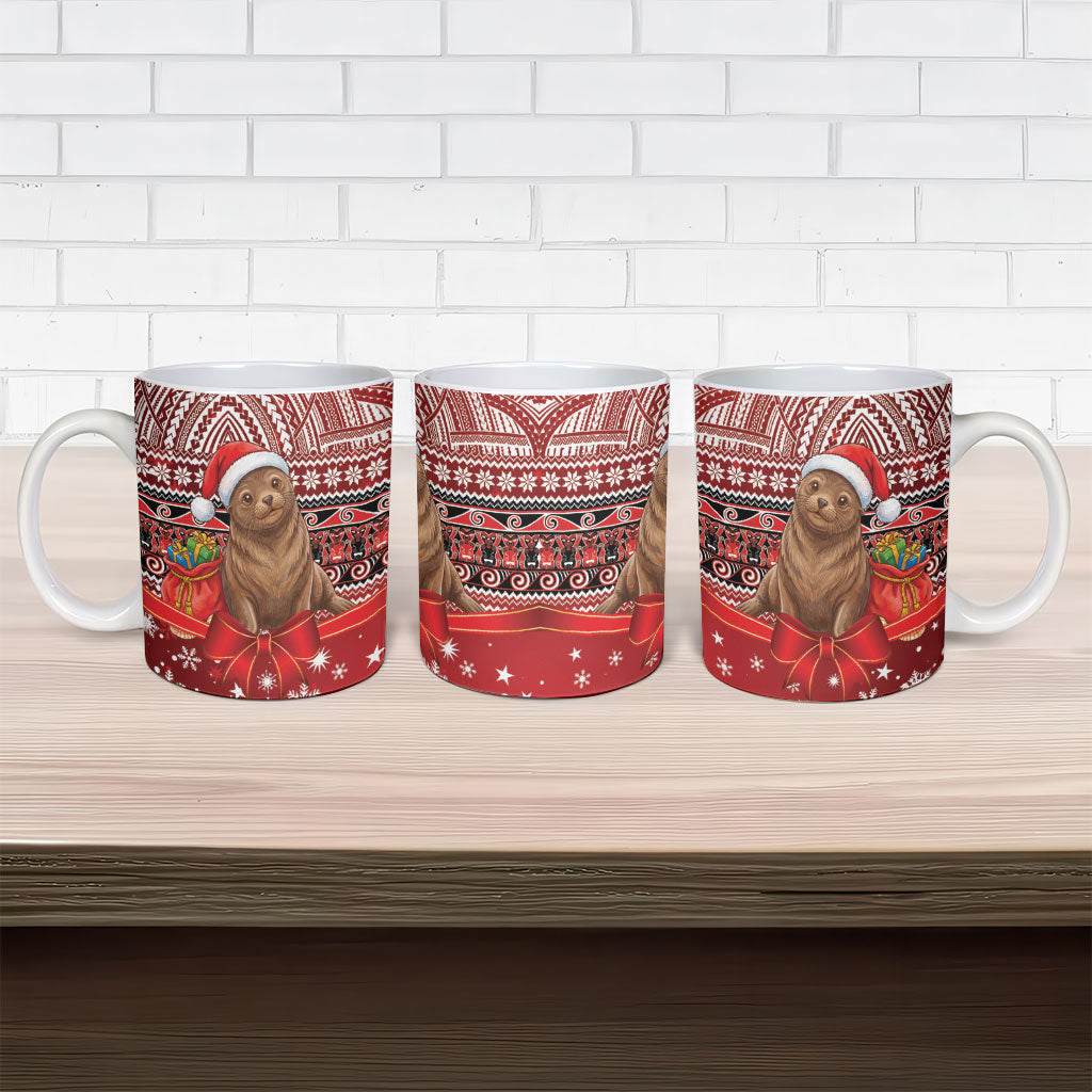 New Zealand Kekeno Seal Christmas Ceramic Mug Maori Inspired Knitted Patterns