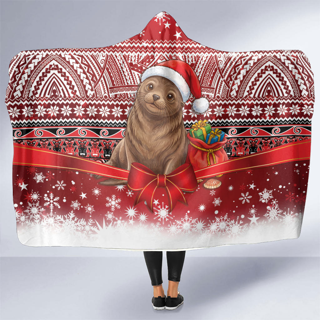 New Zealand Kekeno Seal Christmas Hooded Blanket Maori Inspired Knitted Patterns LT9 One Size Red - Polynesian Pride