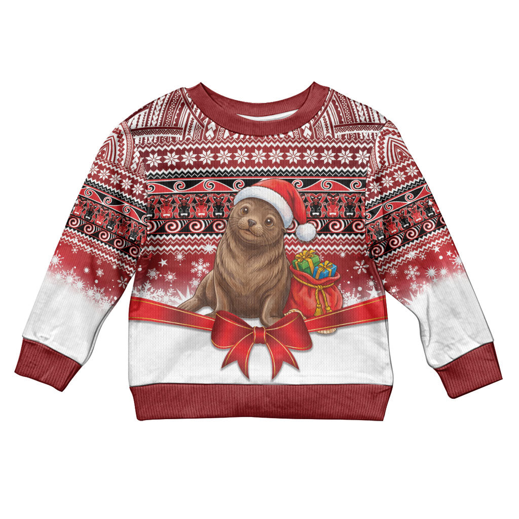 New Zealand Kekeno Seal Christmas Kid Ugly Christmas Sweater Maori Inspired Knitted Patterns LT9 Kid Red - Polynesian Pride