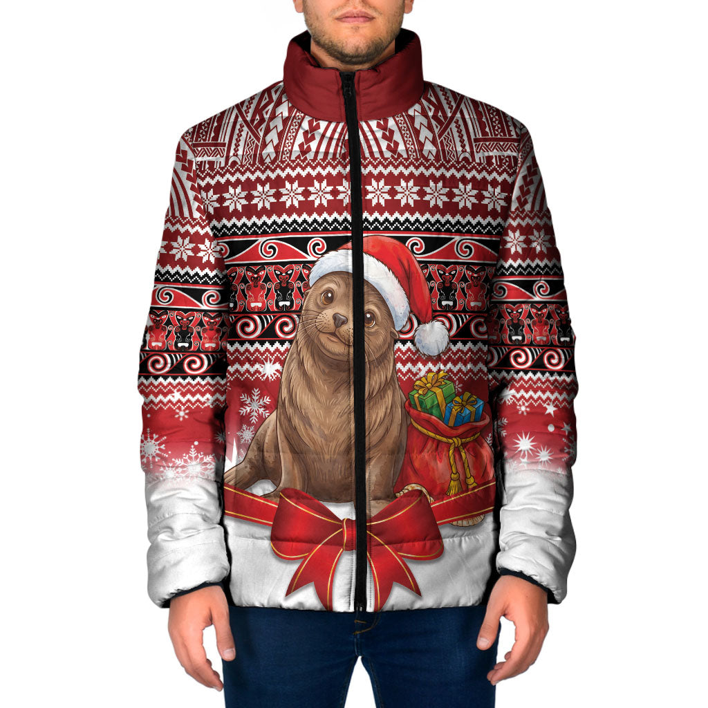 New Zealand Kekeno Seal Christmas Padded Jacket Maori Inspired Knitted Patterns LT9 Men Red - Polynesian Pride