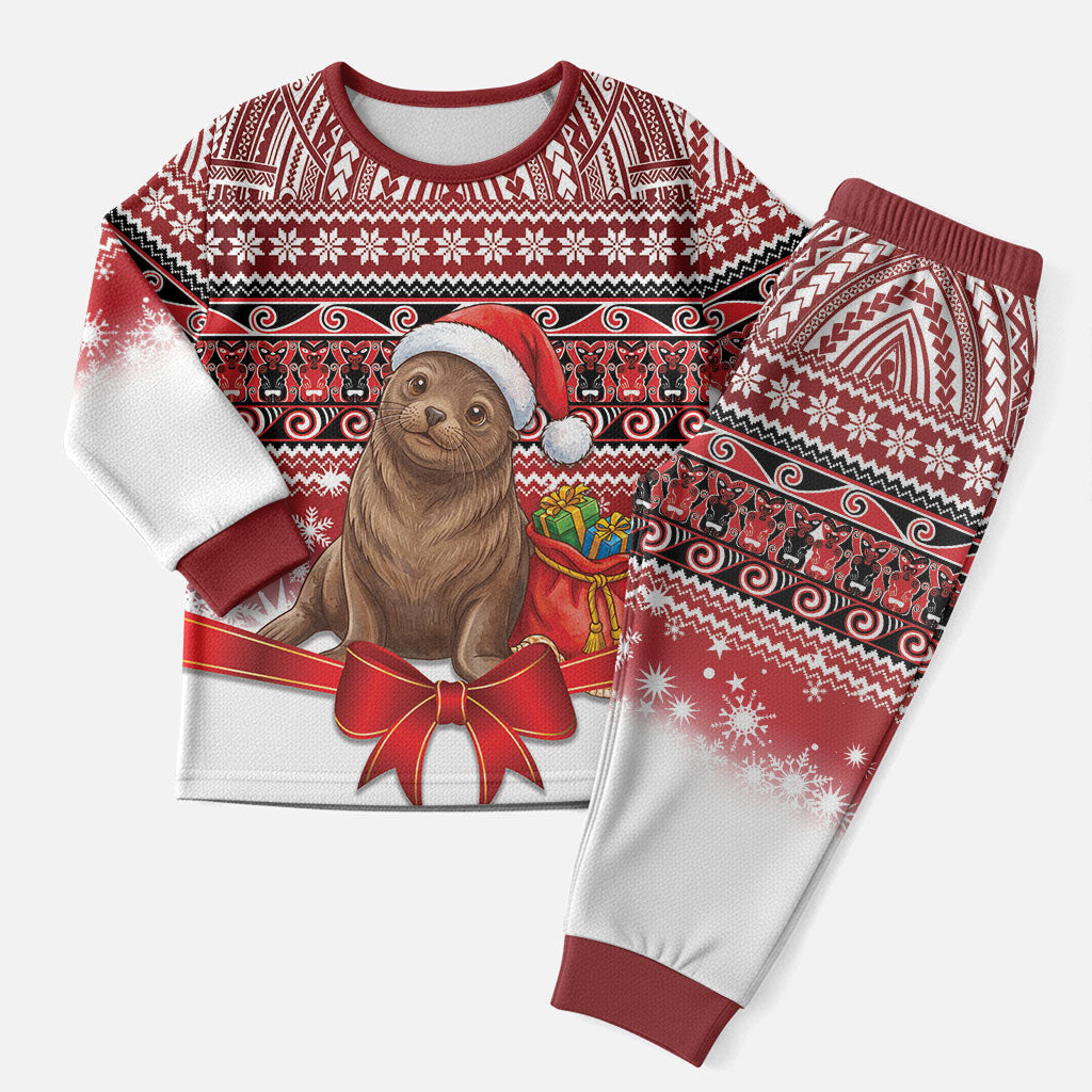 New Zealand Kekeno Seal Christmas Pajama Set Maori Inspired Knitted Patterns LT9 Men Red - Polynesian Pride