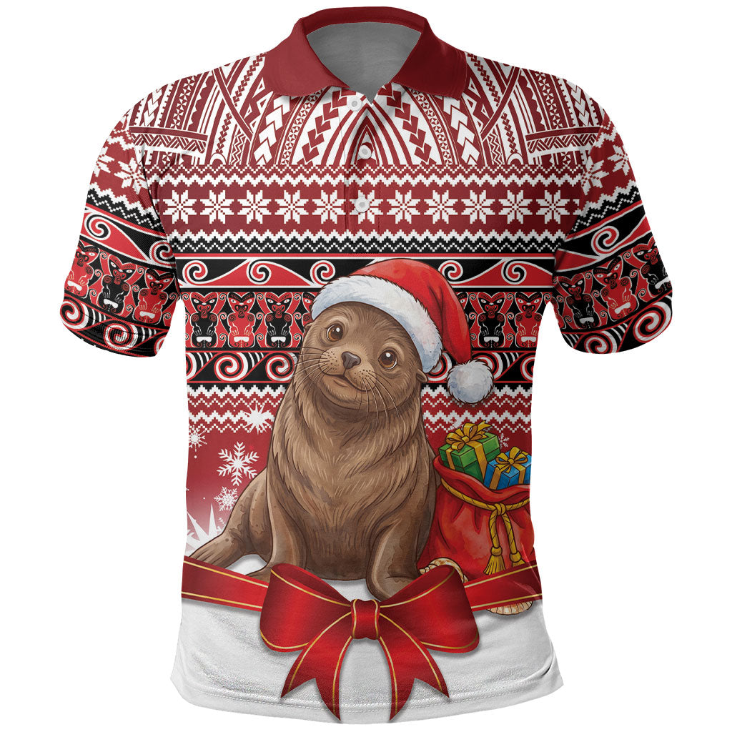 New Zealand Kekeno Seal Christmas Polo Shirt Maori Inspired Knitted Patterns LT9 Red - Polynesian Pride
