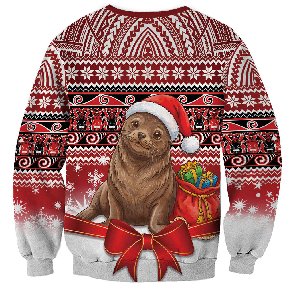 New Zealand Kekeno Seal Christmas Sweatshirt Maori Inspired Knitted Patterns LT9 - Polynesian Pride