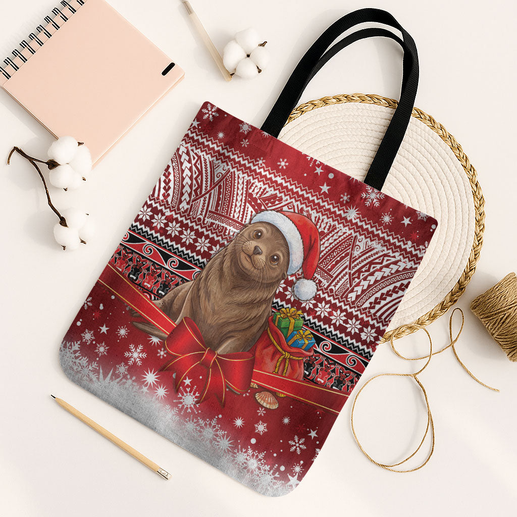 New Zealand Kekeno Seal Christmas Tote Bag Maori Inspired Knitted Patterns LT9 Black Strap One Size Red - Polynesian Pride