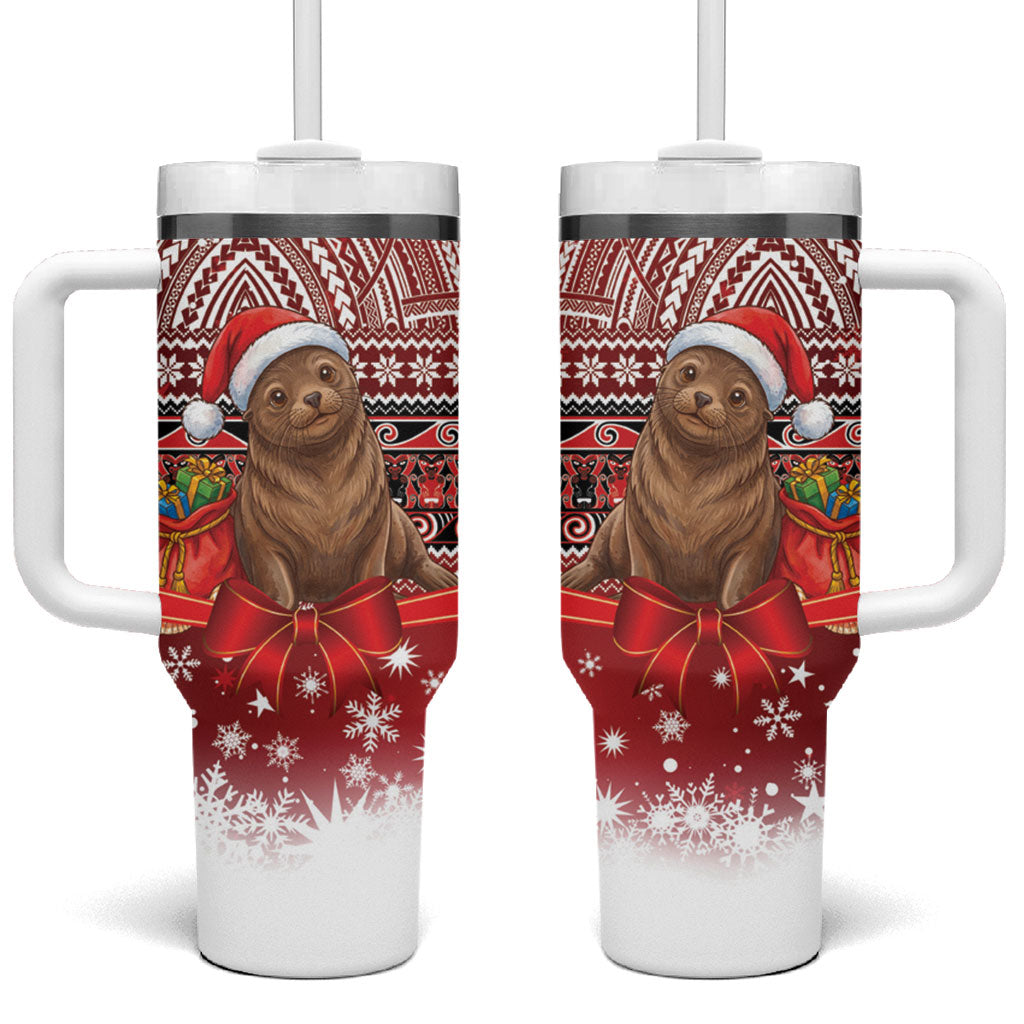 New Zealand Kekeno Seal Christmas Tumbler With Handle Maori Inspired Knitted Patterns LT9 One Size: 40 oz Red - Polynesian Pride