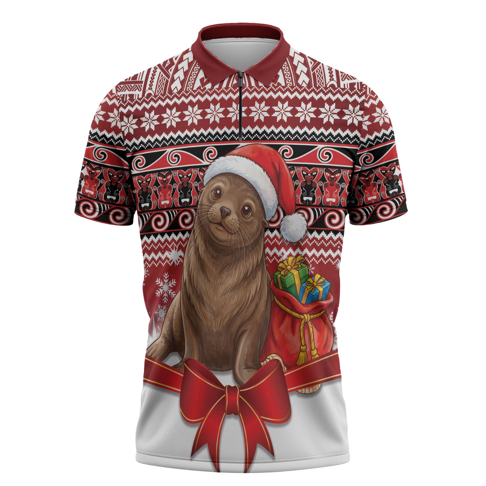 New Zealand Kekeno Seal Christmas Zipper Polo Shirt Maori Inspired Knitted Patterns LT9 Red - Polynesian Pride