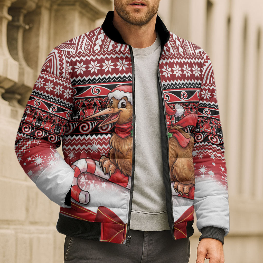 New Zealand Kiwi Bird Christmas Bomber Puffer Jacket Maori Inspired Knitted Patterns