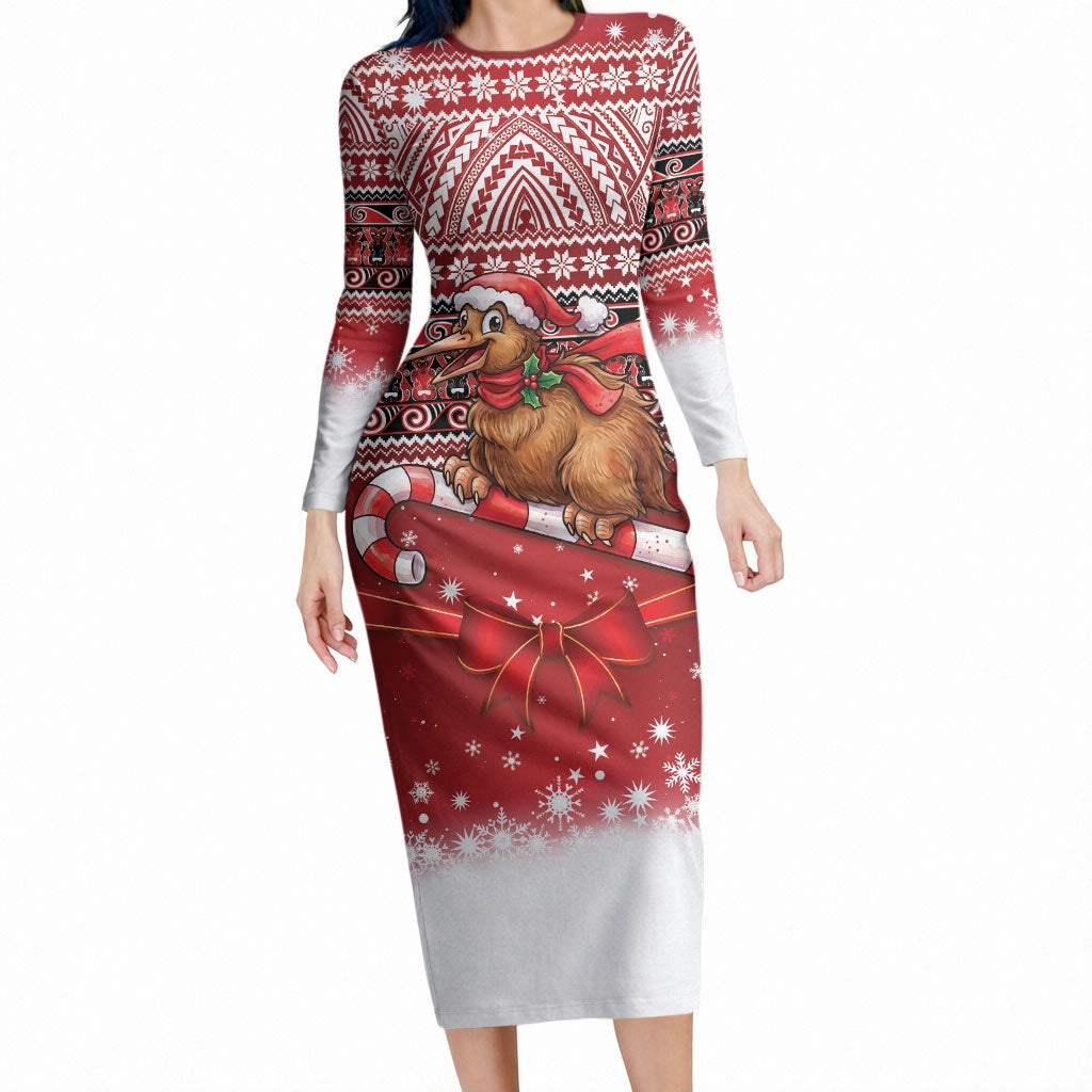 New Zealand Kiwi Bird Christmas Long Sleeve Bodycon Dress Maori Inspired Knitted Patterns LT9 Long Dress Red - Polynesian Pride