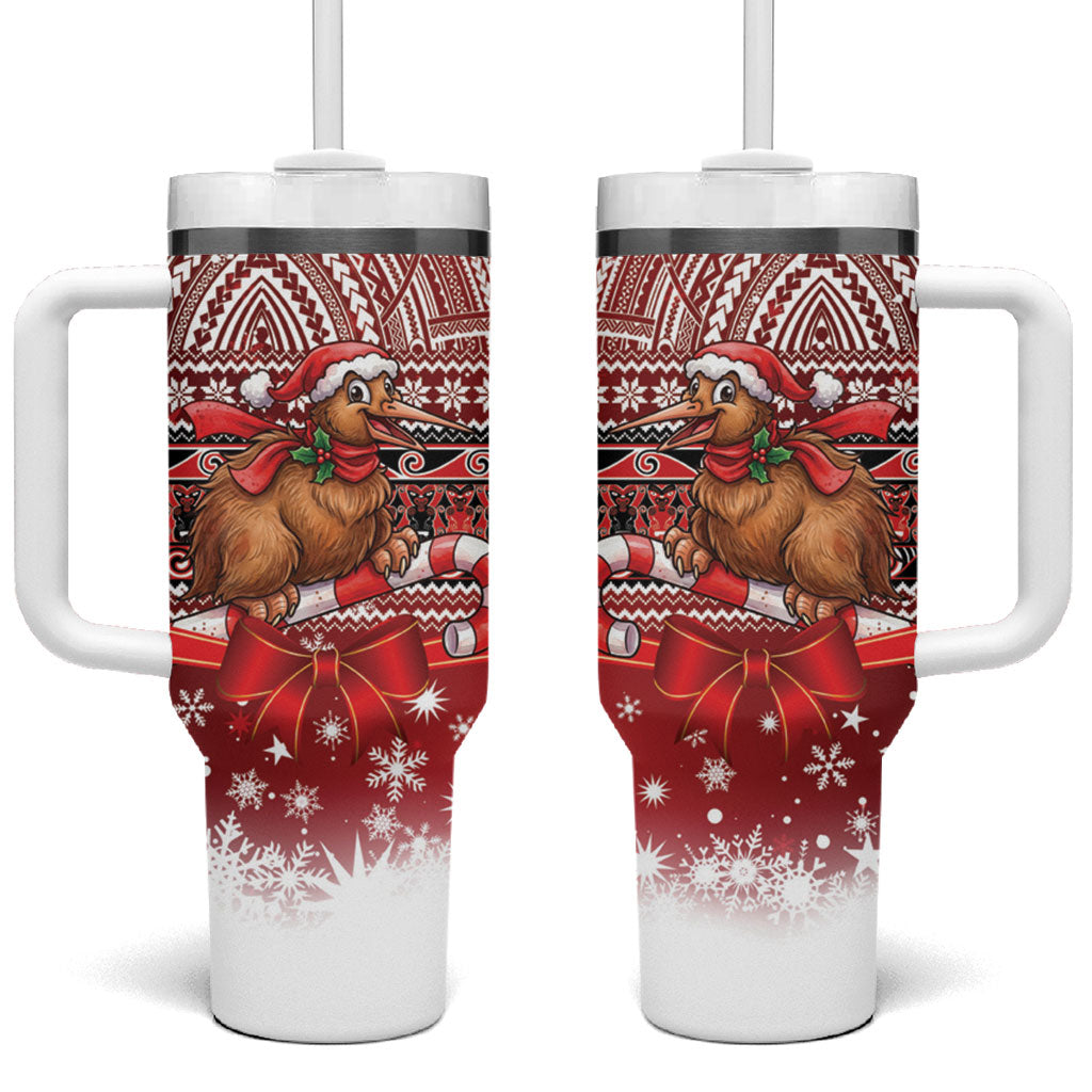 New Zealand Kiwi Bird Christmas Tumbler With Handle Maori Inspired Knitted Patterns LT9 One Size: 40 oz Red - Polynesian Pride