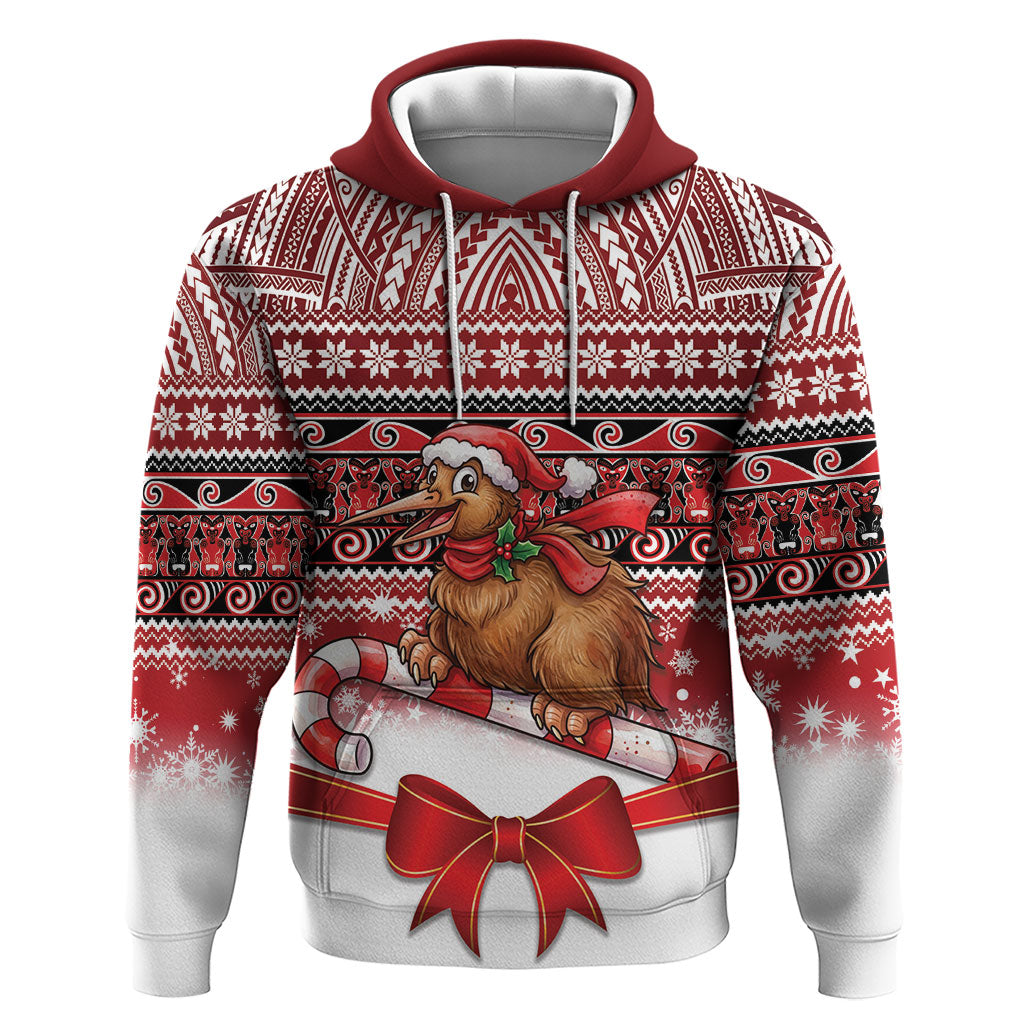 New Zealand Kiwi Bird Christmas Zip Hoodie Maori Inspired Knitted Patterns LT9 Pullover Hoodie Red - Polynesian Pride