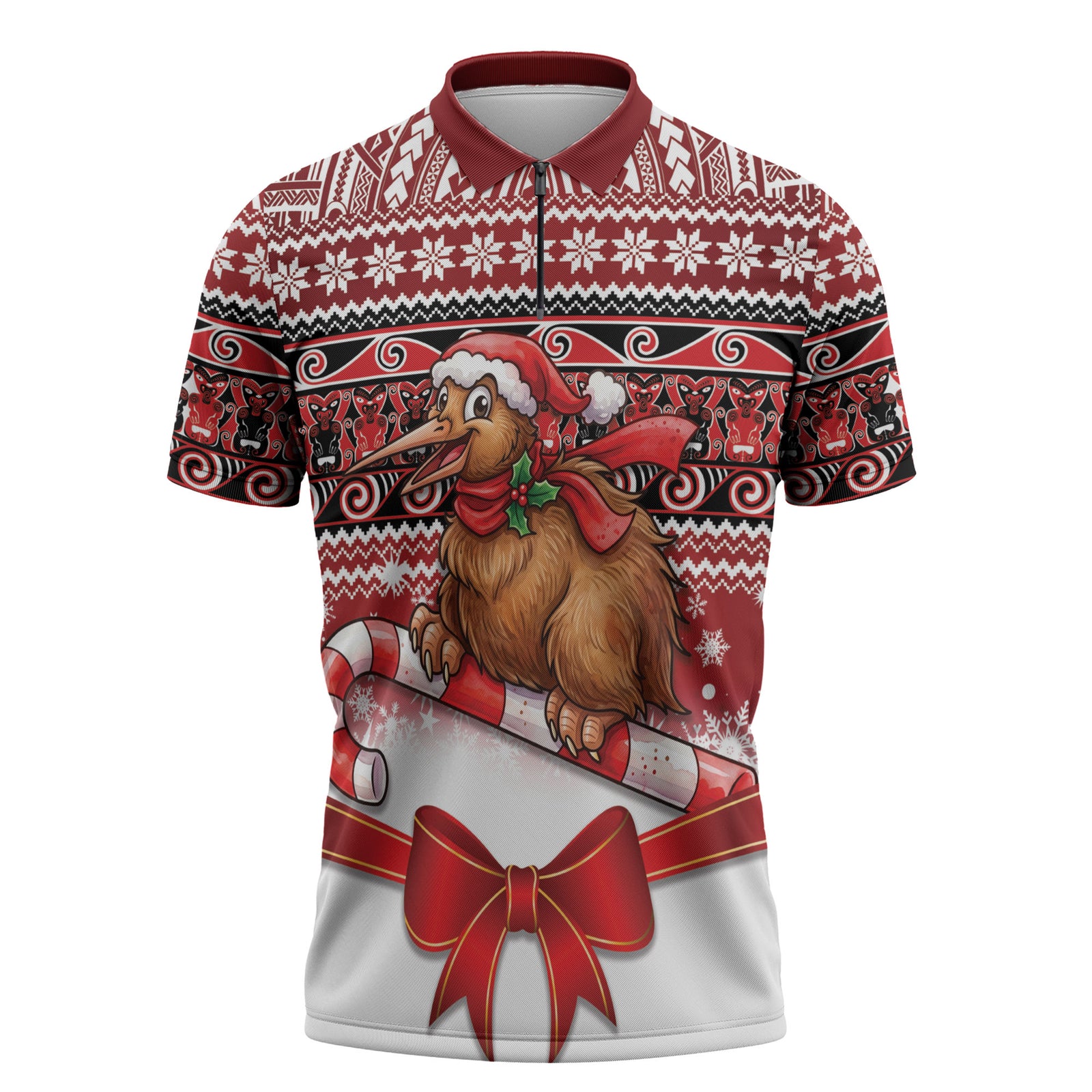 New Zealand Kiwi Bird Christmas Zipper Polo Shirt Maori Inspired Knitted Patterns LT9 Red - Polynesian Pride