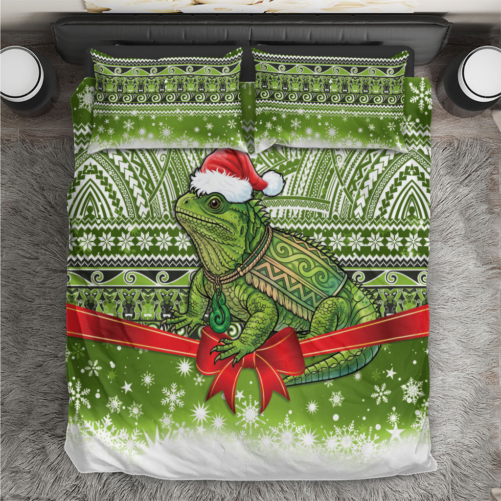 New Zealand Tuatara Christmas Bedding Set Maori Inspired Knitted Patterns LT9 Green - Polynesian Pride