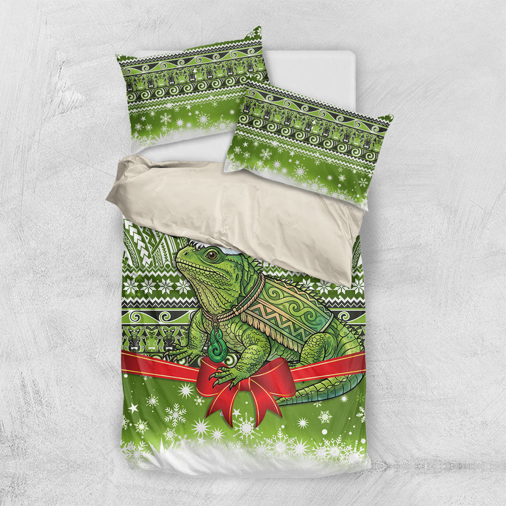 New Zealand Tuatara Christmas Bedding Set Maori Inspired Knitted Patterns LT9 US Twin 172cm x 218cm Green - Polynesian Pride