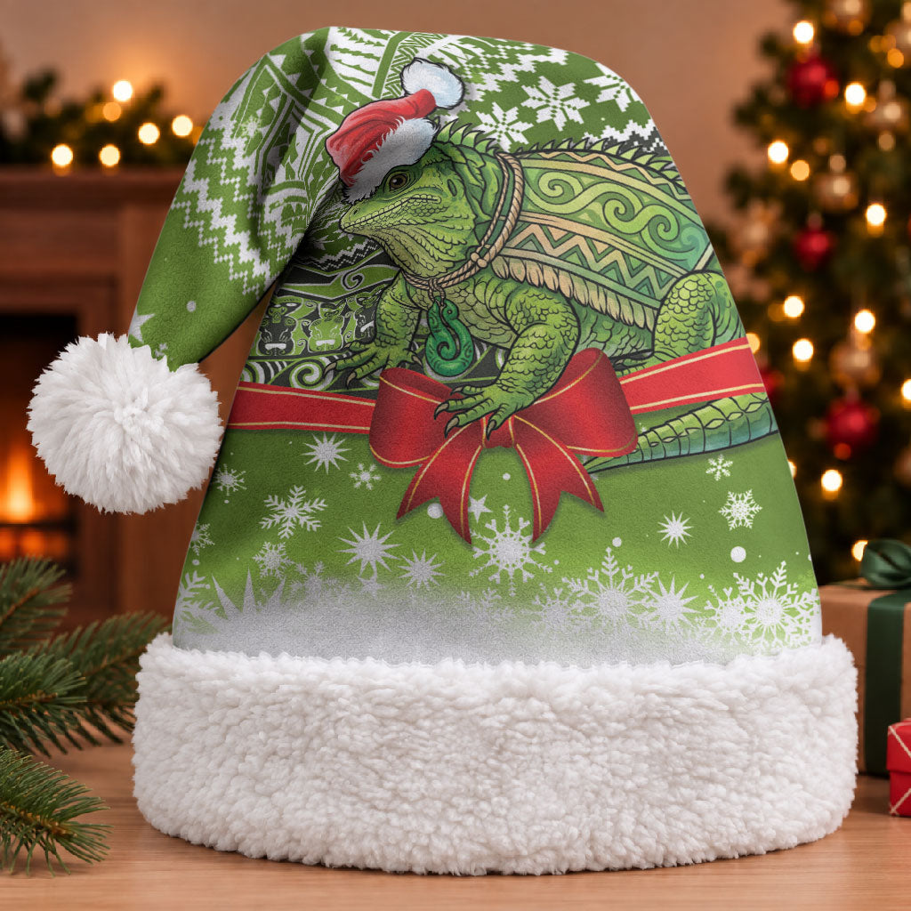 New Zealand Tuatara Christmas Santa Hat Maori Inspired Knitted Patterns LT9 With Fur Green - Polynesian Pride