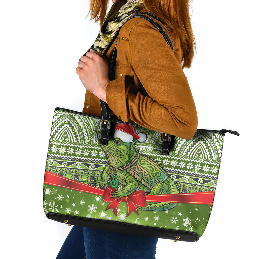 New Zealand Tuatara Christmas Leather Tote Bag Maori Inspired Knitted Patterns LT9 Green - Polynesian Pride