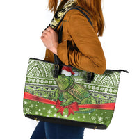 New Zealand Tuatara Christmas Leather Tote Bag Maori Inspired Knitted Patterns LT9 Green - Polynesian Pride