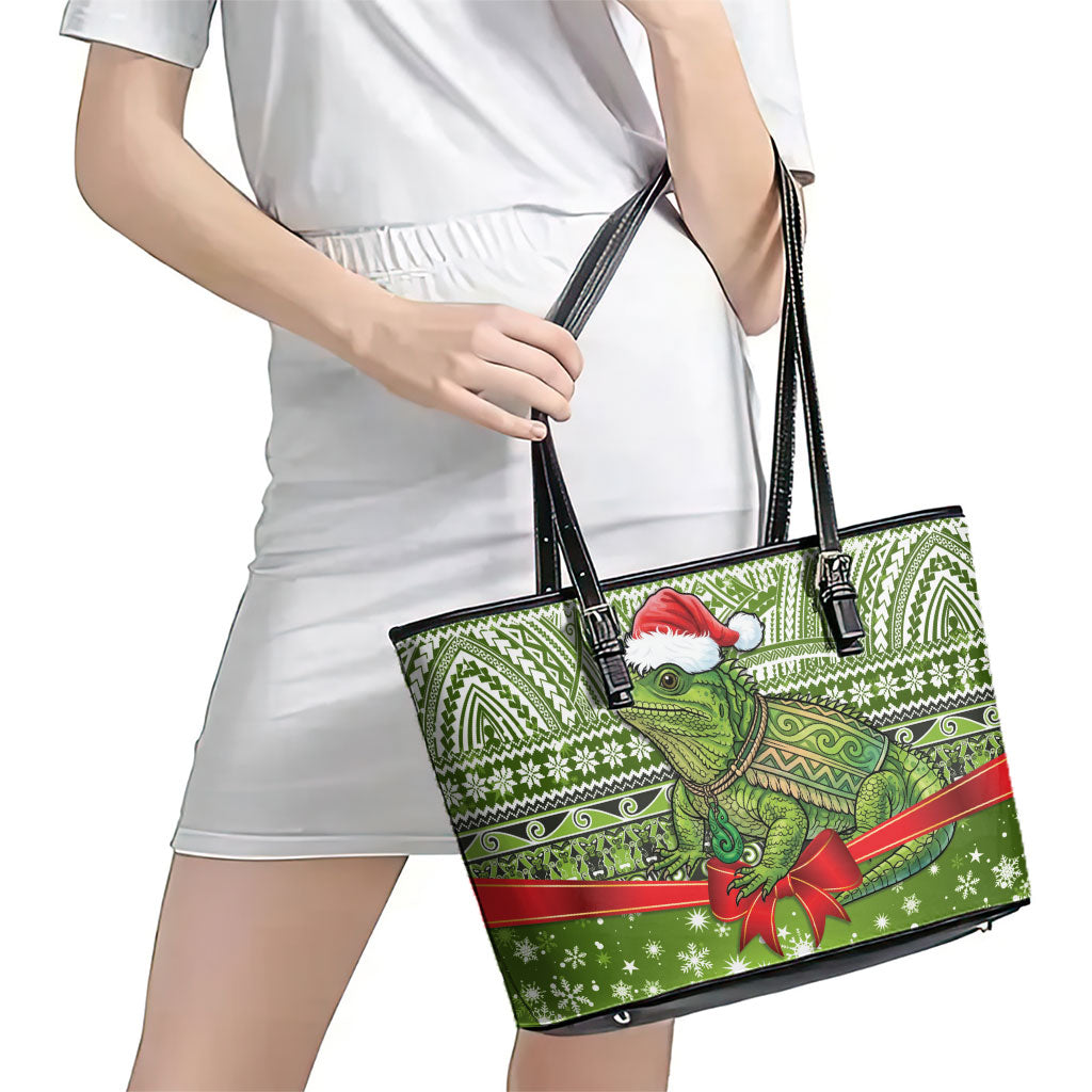 New Zealand Tuatara Christmas Leather Tote Bag Maori Inspired Knitted Patterns LT9 - Polynesian Pride