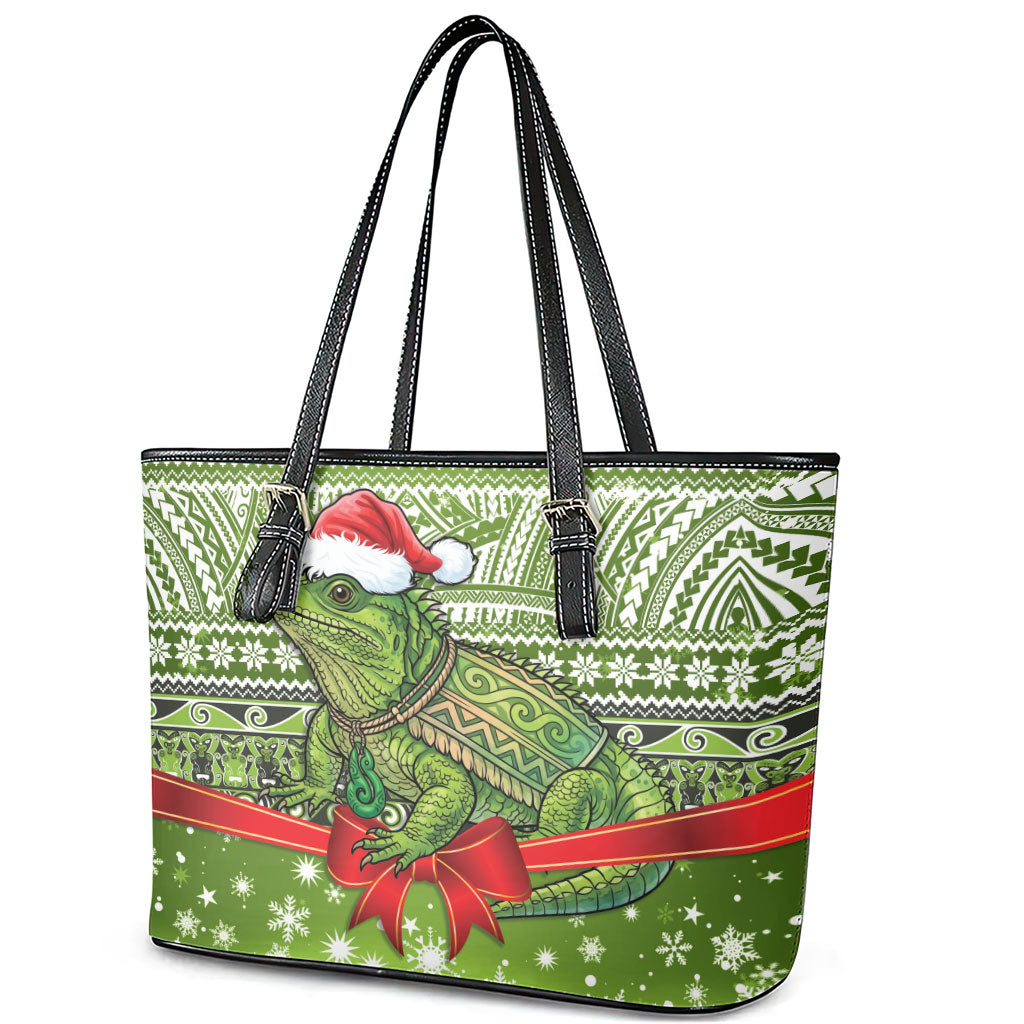 New Zealand Tuatara Christmas Leather Tote Bag Maori Inspired Knitted Patterns LT9 - Polynesian Pride