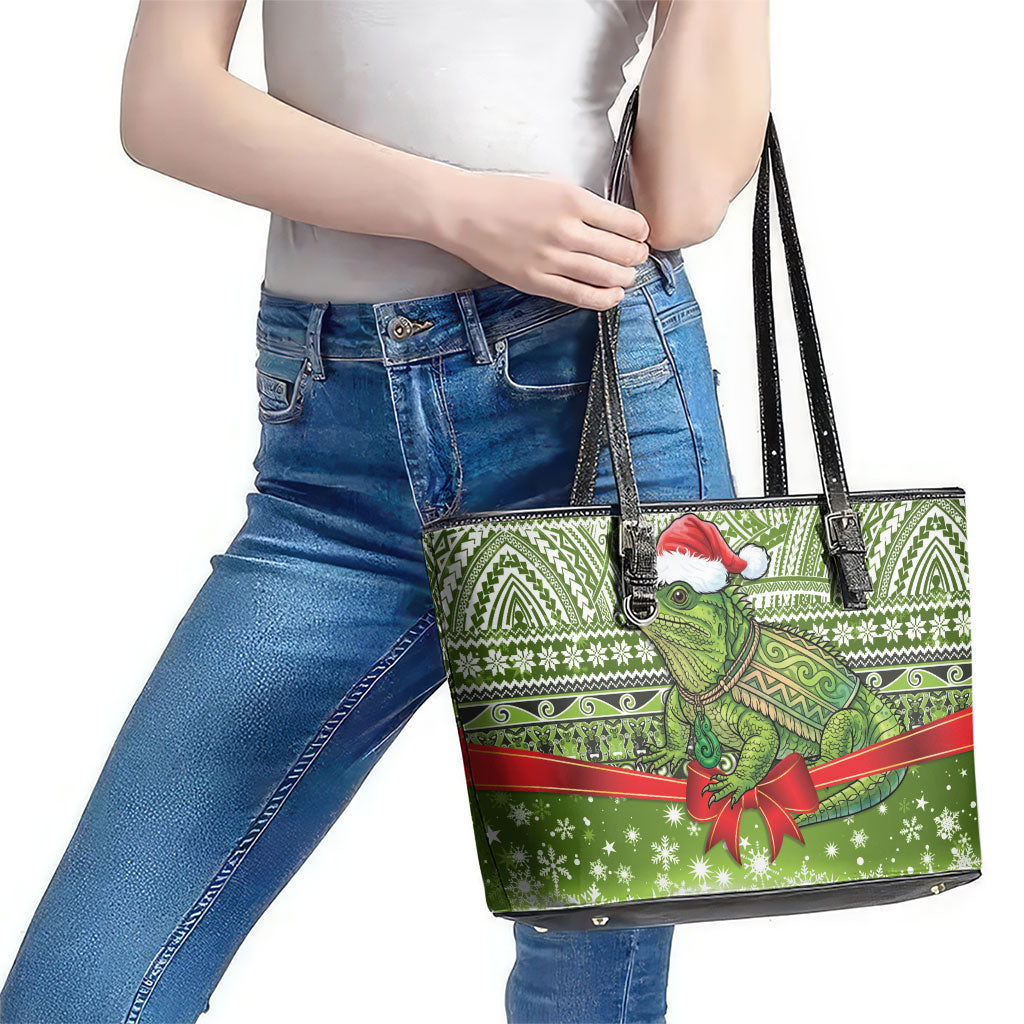 New Zealand Tuatara Christmas Leather Tote Bag Maori Inspired Knitted Patterns LT9 - Polynesian Pride