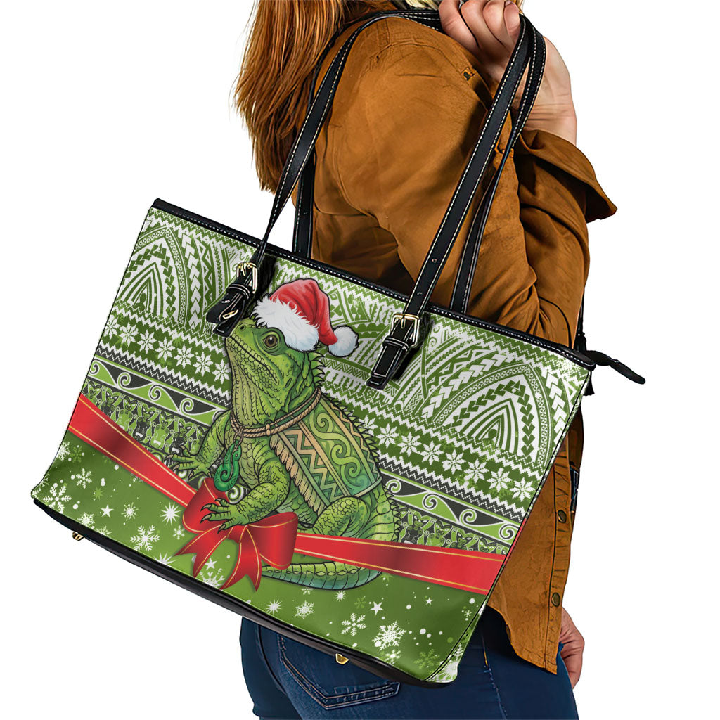 New Zealand Tuatara Christmas Leather Tote Bag Maori Inspired Knitted Patterns LT9 - Polynesian Pride