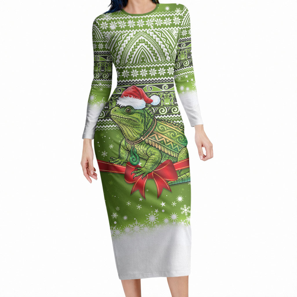 New Zealand Tuatara Christmas Long Sleeve Bodycon Dress Maori Inspired Knitted Patterns LT9 Long Dress Green - Polynesian Pride