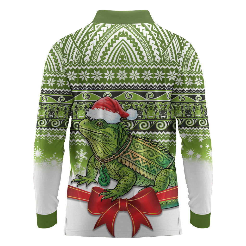 New Zealand Tuatara Christmas Long Sleeve Polo Shirt Maori Inspired Knitted Patterns LT9 - Polynesian Pride