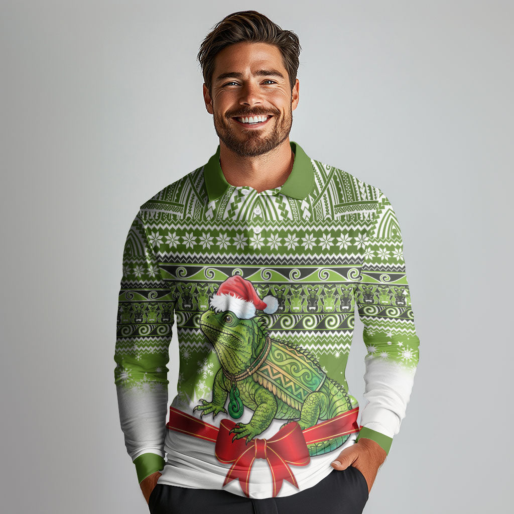 New Zealand Tuatara Christmas Long Sleeve Polo Shirt Maori Inspired Knitted Patterns LT9 - Polynesian Pride