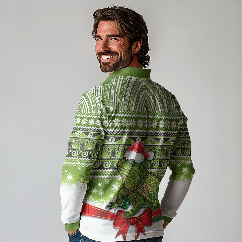 New Zealand Tuatara Christmas Long Sleeve Polo Shirt Maori Inspired Knitted Patterns LT9 - Polynesian Pride