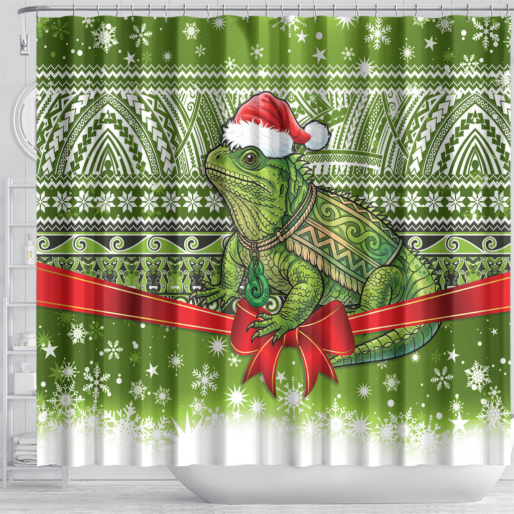 New Zealand Tuatara Christmas Shower Curtain Maori Inspired Knitted Patterns LT9 - Polynesian Pride