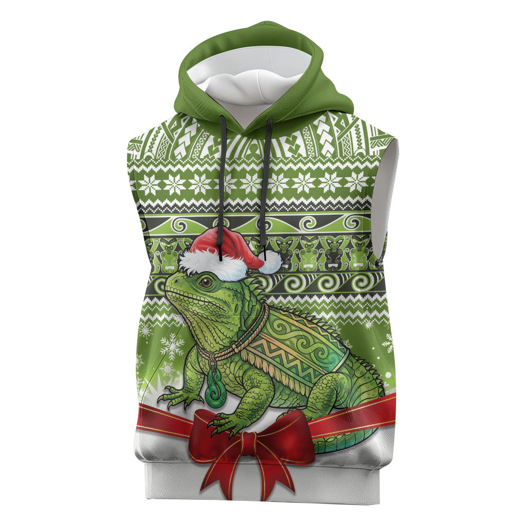 New Zealand Tuatara Christmas Sleeveless Hoodie Maori Inspired Knitted Patterns LT9 Green - Polynesian Pride